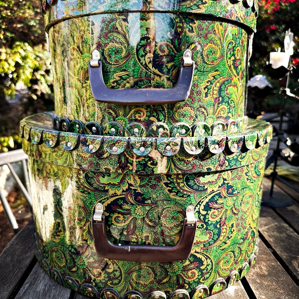 SALE 2 Nesting Vinyl Hat Trunks, Green Paisley. $125. Now: 2 @$70. - Picture 2 of 7